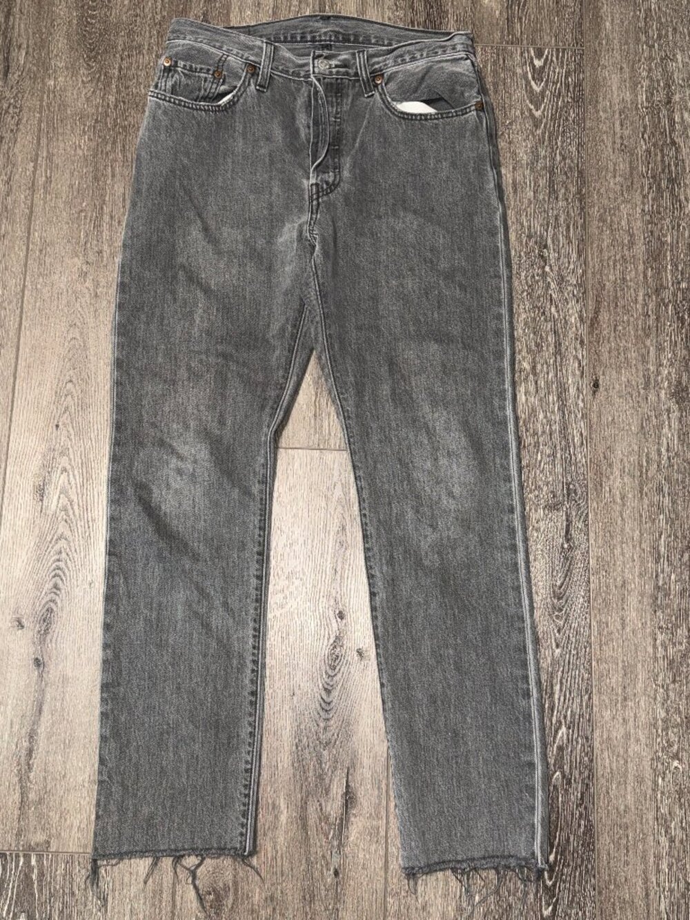 Levi's 501 Womens Jeans 28x30 Straight Leg Gray Wash Denim Raw Hem Button Fly